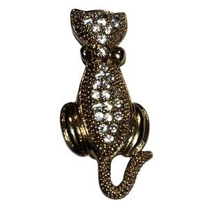Sitting Kitty Rhinestone & Gold Tone Brooch Pin